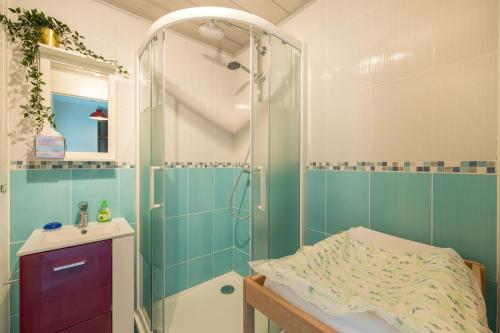 une salle de bain avec douche et lavabo dans l'établissement Le Cockpit, à Courseulles-sur-Mer