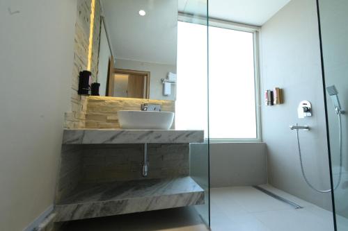 uma casa de banho com um lavatório e uma cabina de duche em vidro. em HOTEL KLG ALTORIA em Chandīgarh