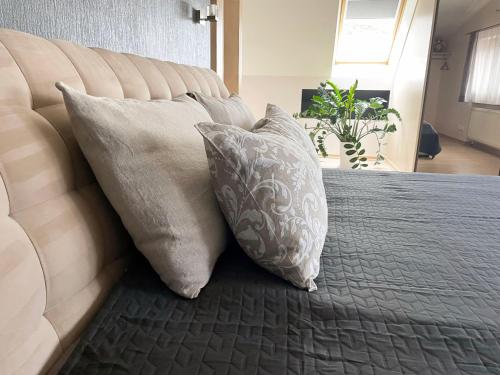 two pillows sitting on a bed with a couch at Family house in Jurmala in Jūrmala