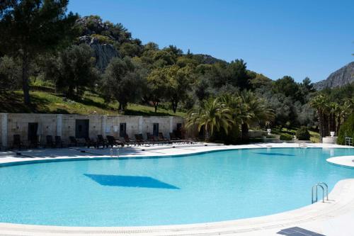 a large swimming pool with palm trees and mountains in the background at X Life Hotel Sarıgerme 15 - Adult Hotel in Sarigerme