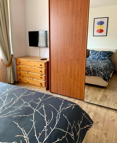 a bedroom with a bed and a dresser with a television at Al vecchio arcolaio in Bormio