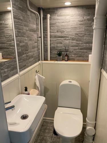 a bathroom with a white toilet and a sink at 12 Skolgatan in Smögen