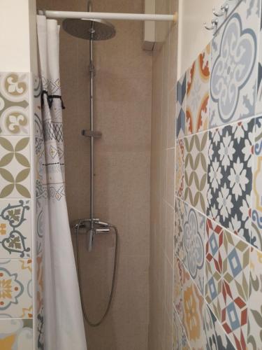 a shower with a shower curtain in a bathroom at Studio mirabeau les halles 15m2 climatisation in Narbonne