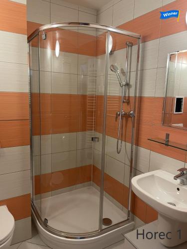 a shower stall in a bathroom with a sink at Apartman Horec 30 a 1 in Donovaly