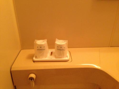 two rolls of toilet paper sitting on top of a bathroom sink at Hokkai Hotel in Lake Toya