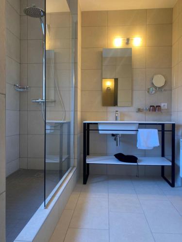 a bathroom with a sink and a shower at Auberge Du Roua in Argelès-sur-Mer