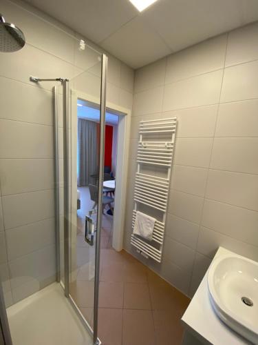 uma casa de banho com um chuveiro e um lavatório. em Nord-Ries Apartments em Fremdingen