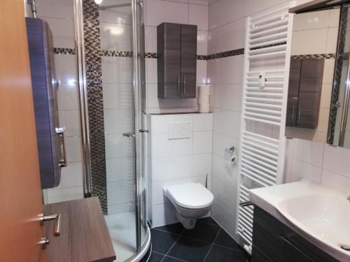 uma casa de banho com um chuveiro, um WC e um lavatório. em Stylish warm apartment em Villach