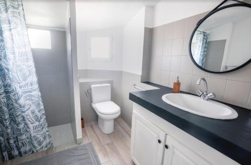 La salle de bains est pourvue d'un lavabo, de toilettes et d'un miroir. dans l'établissement Petite maison de vacance vue mer, au Lavandou