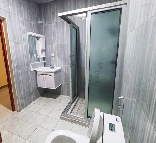 een badkamer met een douche, een toilet en een wastafel bij THE ESCAPE LODGE in Lusaka