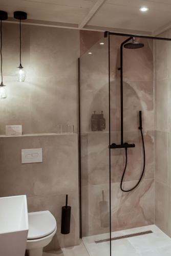 a bathroom with a shower and a toilet at Boutique Hotel Restaurant BAL in Echteld