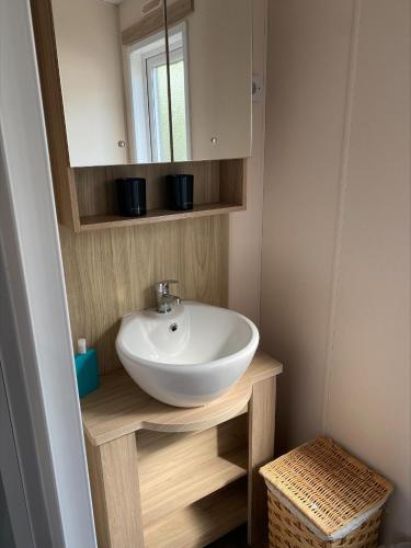 a bathroom with a white sink and a mirror at Vakantiepark Kijkduin - 870 in The Hague