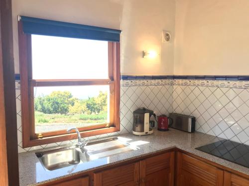 eine Küche mit Spüle und Fenster in der Unterkunft Casa Lucia in Puntagorda