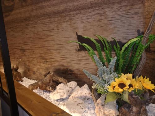 a vase of flowers and rocks on a shelf at Le 3 Dee in Reggio Calabria