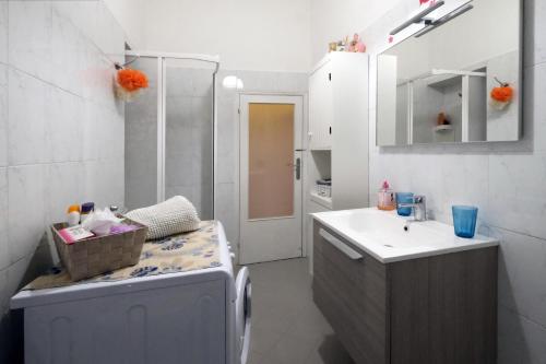 y baño blanco con lavabo y lavadora. en Passaggio in Val d' Orcia, en Torrenieri