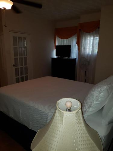 a bedroom with a bed and a television and a lamp at Cliffe Ranch in Mandeville