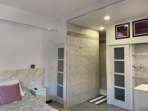 a bathroom with a shower and a bed in a room at Salud Vacacional in Santa Cruz de Tenerife