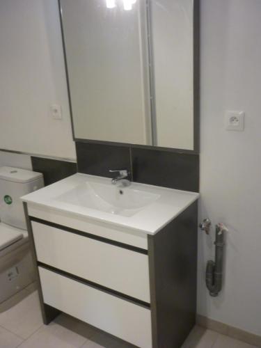 ein Bad mit einem Waschbecken und einem Spiegel in der Unterkunft STUDIO PROCHE DE LA MER in Agon Coutainville