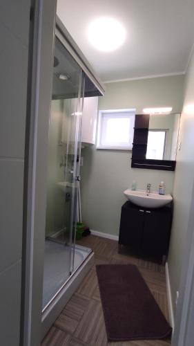 a bathroom with a glass shower and a sink at Bamboo Apartman in Siófok