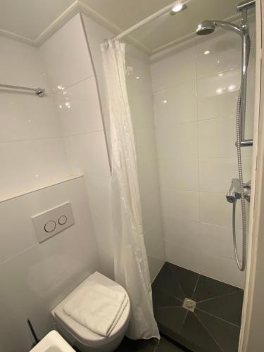 a white bathroom with a shower and a toilet at Hotel 't Sonnehuys in Scheveningen