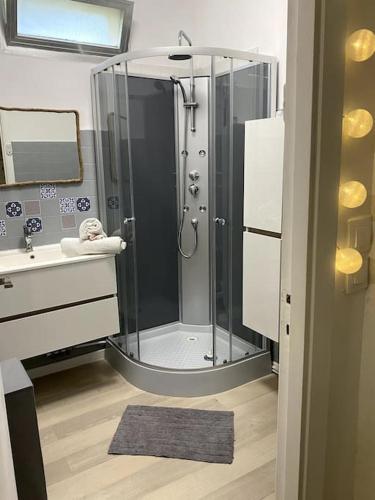 une salle de bain avec douche et lavabo dans l'établissement studio cappella, à Ajaccio