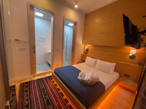 a bedroom with a bed with a television and a window at Kumbaracı Apartments & Suites in Istanbul