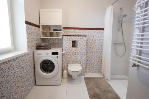 a bathroom with a washing machine and a toilet at Siedlisko Orzechówko in Orzechówko