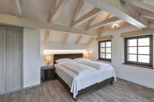 a bedroom with a large bed and two windows at Apartmány Na Seníku in Třeboň