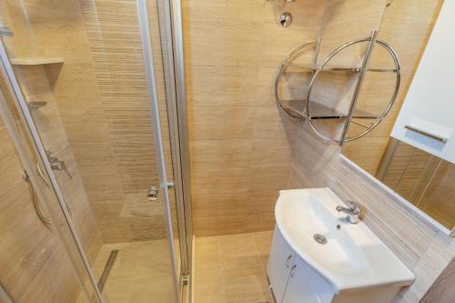 a bathroom with a shower and a toilet and a sink at Magnolija apartmani in Igalo
