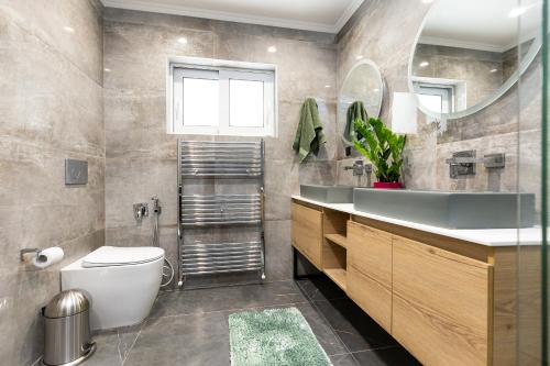 a bathroom with a sink toilet and a mirror at Nightingale Villa & Suites Corfu in Gazátika
