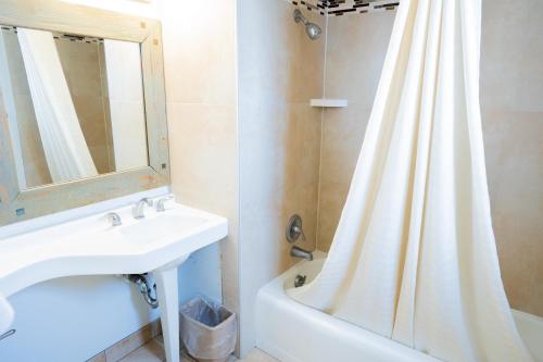 a bathroom with a sink and a shower curtain at Rodeway Inn Albuquerque Downtown on Rt 66 in Albuquerque
