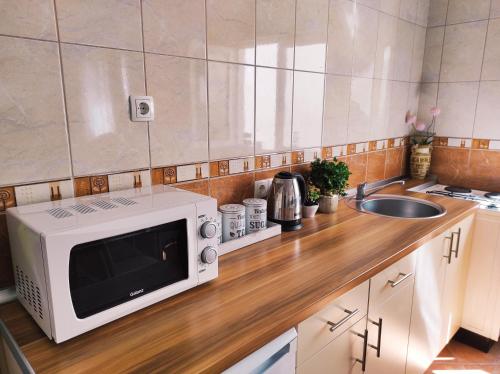 a kitchen with a microwave on a wooden counter at Apartment Katica Mostar in Mostar