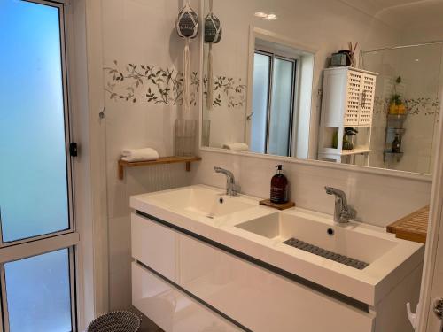 uma casa de banho com um lavatório e um espelho em Highlands Riad em Moss Vale