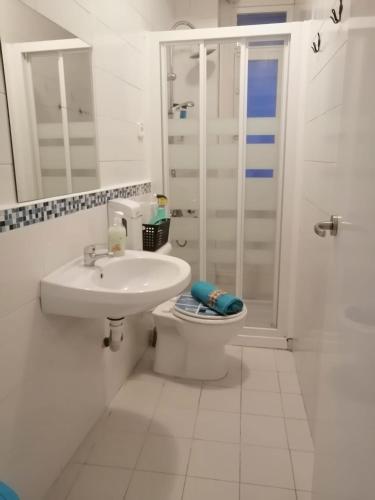a bathroom with a sink and a toilet and a shower at Good morning RH Santander - Hostel in Santander