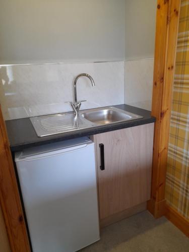a kitchen with a sink and a white refrigerator at The Studio in Drumnadrochit