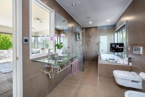 a bathroom with a sink and a toilet and a mirror at Paradise on Campbell in Martinborough