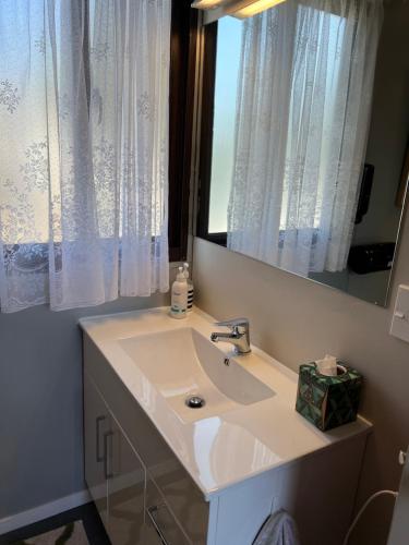 a bathroom with a white sink and a mirror at Nana Glads of Russell in Russell