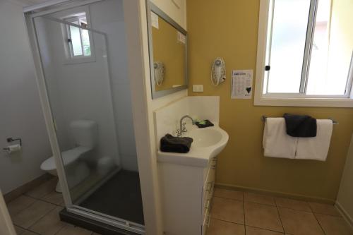 a bathroom with a sink and a shower at Tropic Coast Motel in Mackay