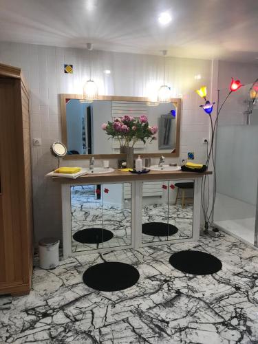 La salle de bains est pourvue d'un lavabo et d'un comptoir fleuri. dans l'établissement Chambres D'Hotes L'Atipic, à Saint-Brieuc