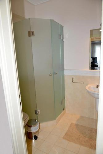 a bathroom with a shower and a toilet and a sink at VILA AMALIA in Theologos