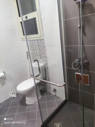 a bathroom with a toilet and a glass shower door at Altelal Tower Apartment in Mecca