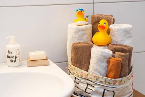 a basket with two rubber ducks sitting on top of a toilet at BnB Entensee in Uznach
