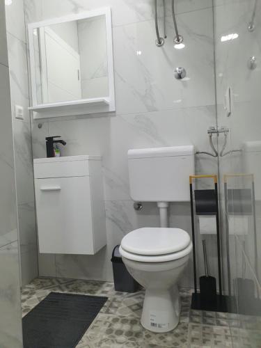a white bathroom with a toilet and a mirror at Apartman Relax Čelebići in Konjic