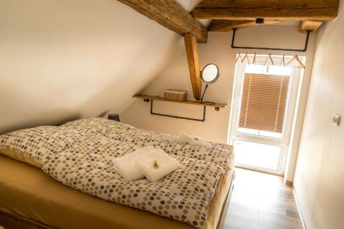 ein Schlafzimmer mit einem Bett in einem Zimmer mit einem Fenster in der Unterkunft Lübbenauer Spreewaldnest in Lübbenau