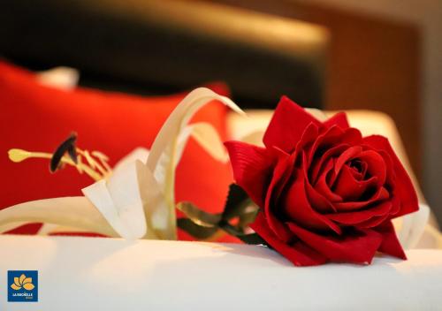 a red rose sitting on top of a bed at LA ROCHELLE HOTEL in Yaoundé