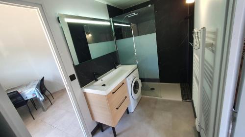 une salle de bain avec un lavabo et une machine à laver dans l'établissement VILLA MARILOU 5 personnes, à La Faute-sur-Mer