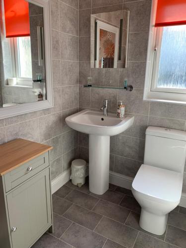 Un baño con un lavabo blanco y un inodoro. en San Brelade, en Paignton