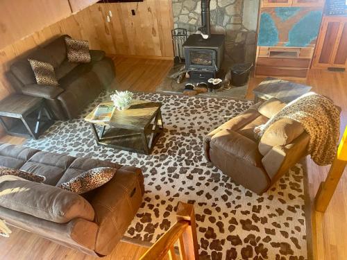 sala de estar con sofás de cuero y chimenea en Lodges at Buffalo Mountain- 168 private acres, en Floyd