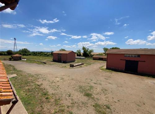 a group of buildings in a field with a dirt road at Casale Colle dei Pini in Casaccia