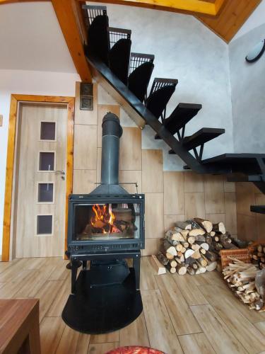 a fireplace in a living room with a stove at Domki pod Bukowym lasem in Wańkowa